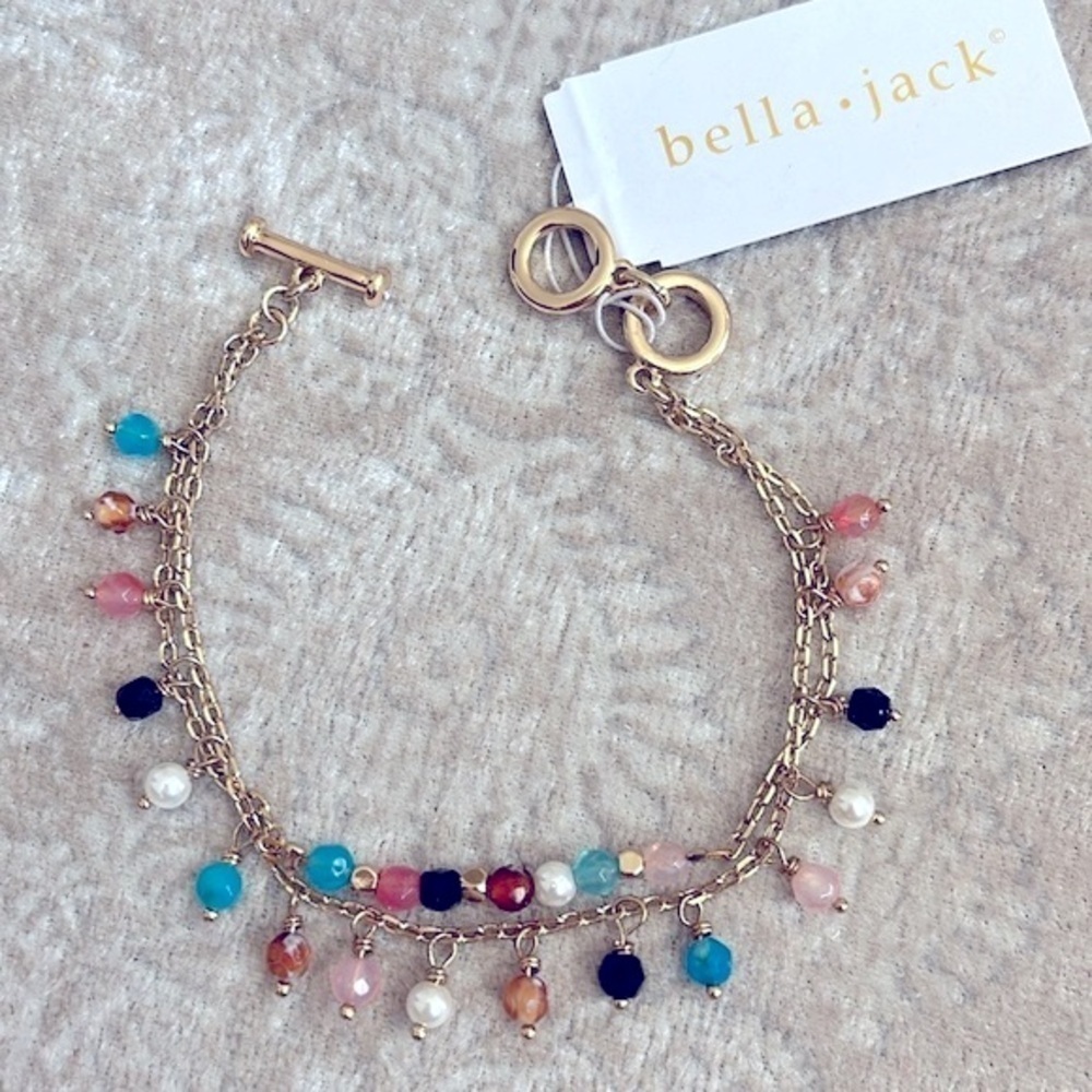 Brand New Bella Jack Gold Tone Double Chain Multicolored Bead Toggle Bracelet 44$